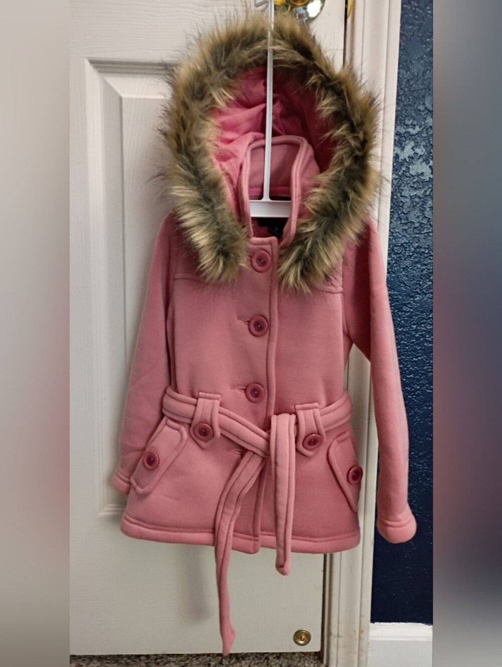Unik Pink Hooded Pea Coat with Faux Fur Trim